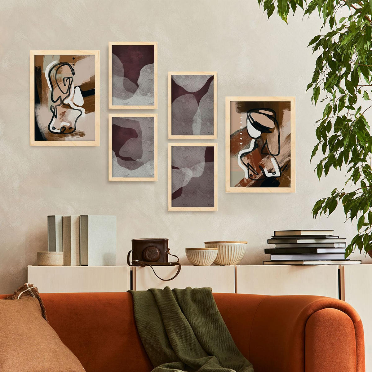 POSTER Set Mit 6 Nachkommenskunst In Weibliche Zusammenfassung Ästhetische Dekorative Gemälde Für Ihr Zuhause A3 & A4 Rahmen Aus Hellem Holz - Beige, Papier (29/3cm) - Nacnic