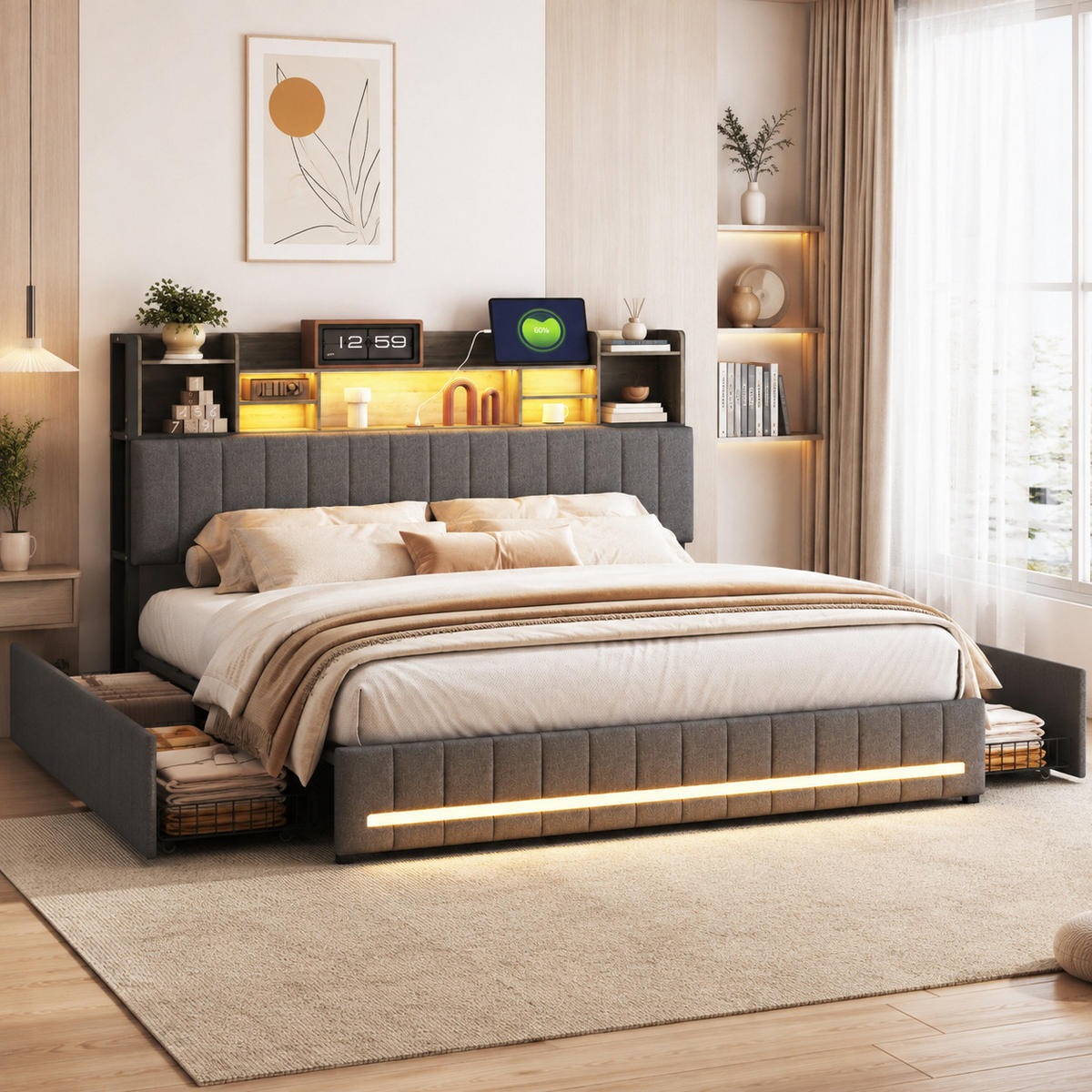 POLSTERBETT 160/200 cm mit Bücherregal-Kopfteil, USB-Anschluss, LED-Beleuchtung & Stauraum-Schubladen, Metallrahmen, Lattenrost inklusive - Anthrazit, Holz/Metall (160/200cm) - Joyfair