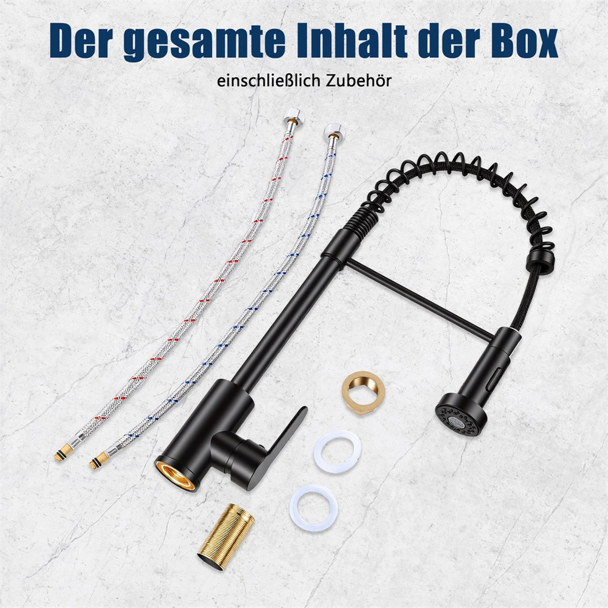 KÜCHENARMATUR Schwarz mit Herausziehbarer Geschirrbrause - Wasserhahn Küche mit 360° Drehbar Spülbecken Wasserhahn - Schwarz, Metall (17.5/46/4.5cm) - DELFA