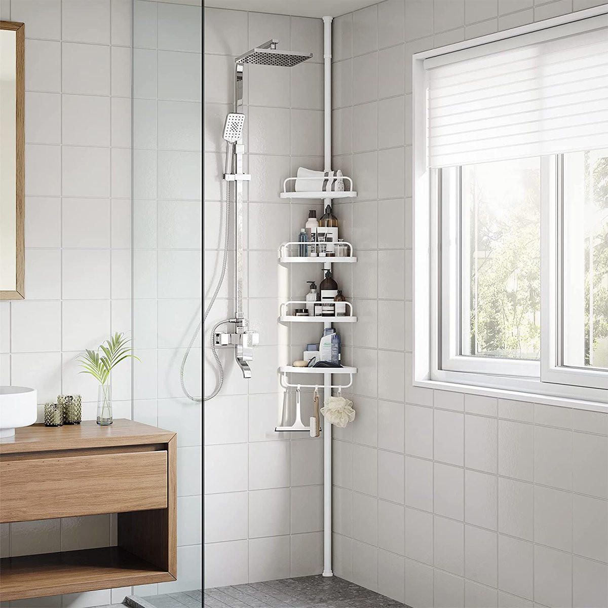 DUSCHREGAL mit 4 Ablagen - H85/305 cm, verstellbar - Weiß, Metall (25/85/35cm) - Calicosy