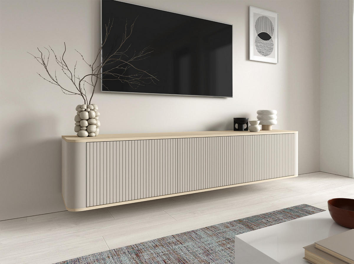 TV-SCHRANK Hängende RTV Kommode 200 cm Misterio mit Lamellen Cashmere Eiche Vicenza - Creme, Holzwerkstoff (200/42/40cm) - Jerpax