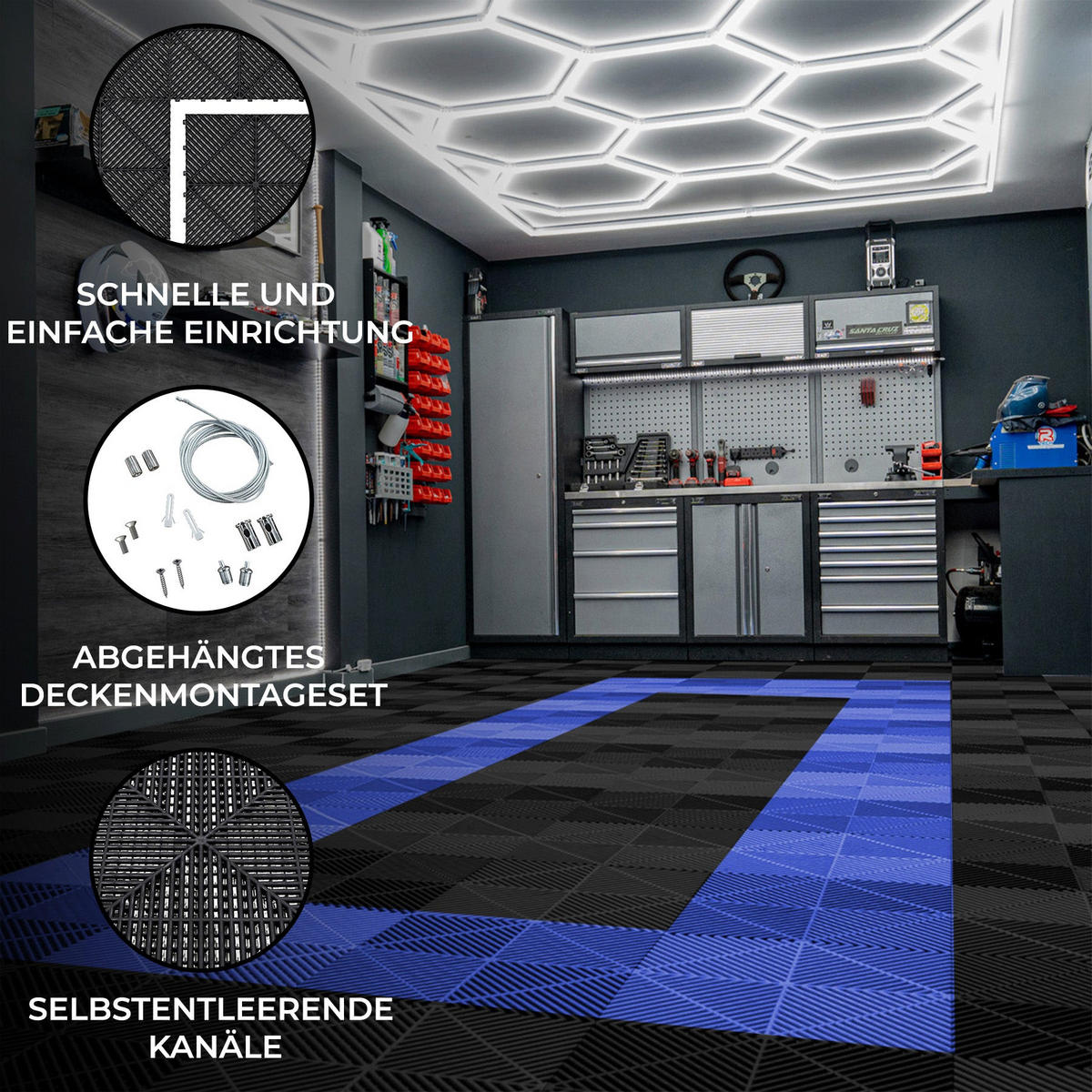 GARAGENBODENFLIESEN Belüftete und sechseckige LED-Leuchten x 165 Schwarz 60 Blau mit Kanten - Schwarz, Kunststoff (40/1.8/40cm)
