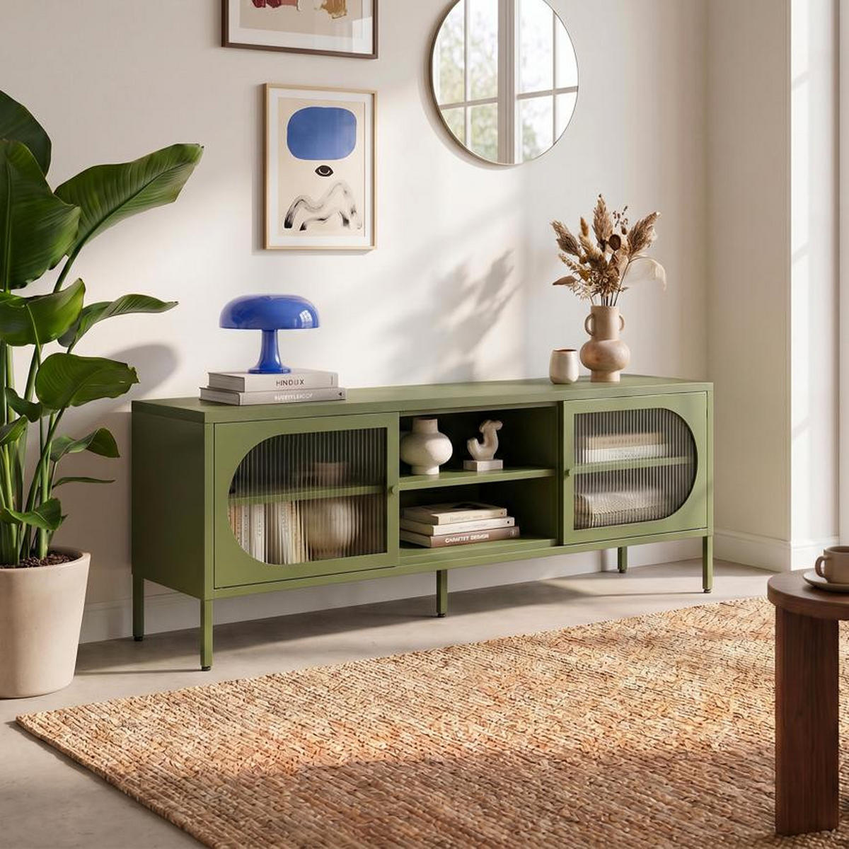TV-LOWBOARD Industrielles aus olivgrünem Metall, 160 cm, 2 Türen aus geriffeltem Glas - COME - Grün, Metall (160/60/40cm) - Sicaan