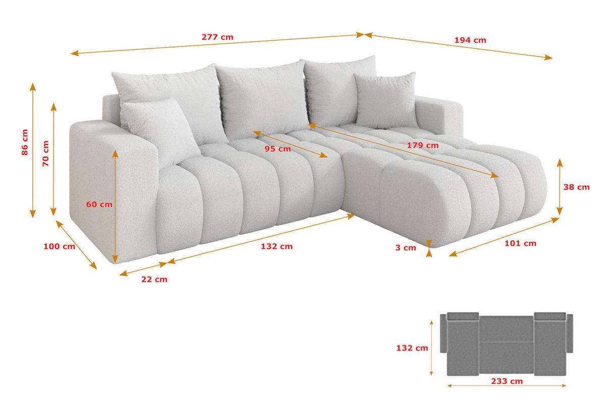 ROHOVÁ SEDAČKA s funkcí spaní, otoman vpravo MILA-L-v1 277x195x86 bílá bouclé - bílá/černá, kompozitní dřevo/textil (277/194cm) - ALTDECOR