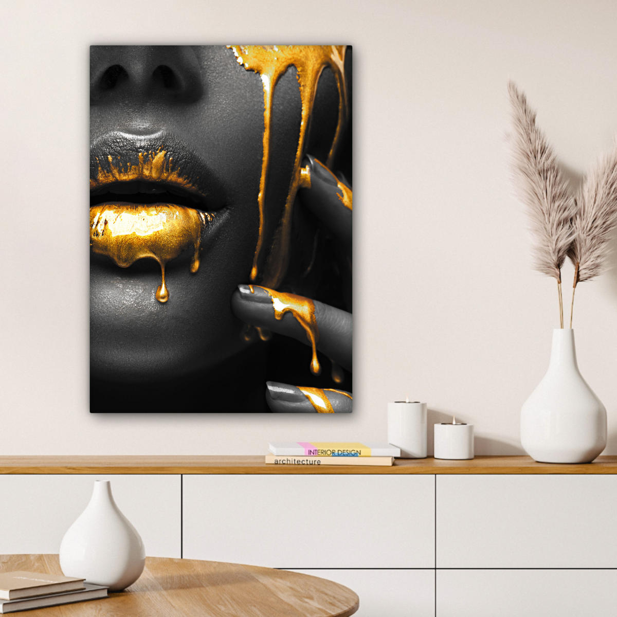 LEINWANDBILD Frau - Schwarz - Gold - Gesicht - Lippen Wandbild Wohnzimmer 60x80 cm - Goldfarben, Textil (60/80cm) - MuchoWow