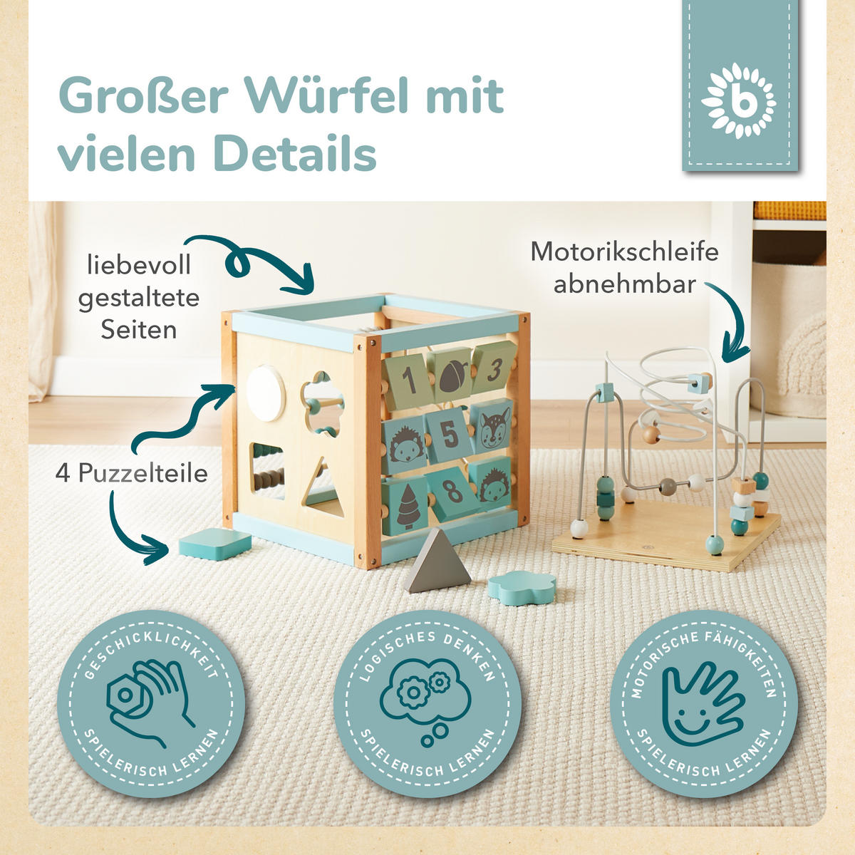 MOTORIKWÜRFEL XXL Scandi-Chic - Blau, Holz (30/30cm) - Bieco Spielwaren