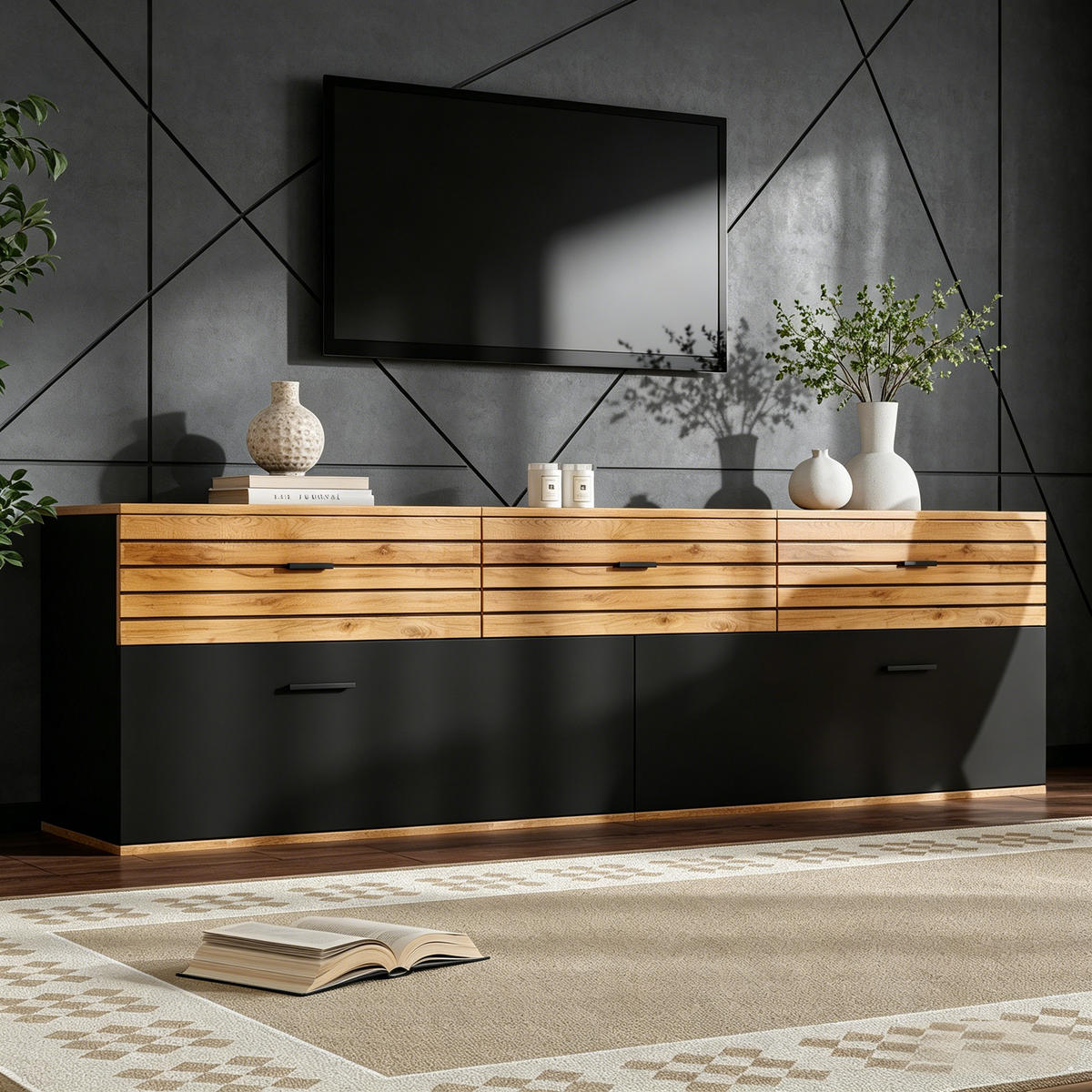 TV-ELEMENT168X38X59CM Holz-Schwarz für 65-Zoll TV mit 3 Schubladen - Naturfarben, Holz (45.01/23.01/68.5cm) - Raelunyi