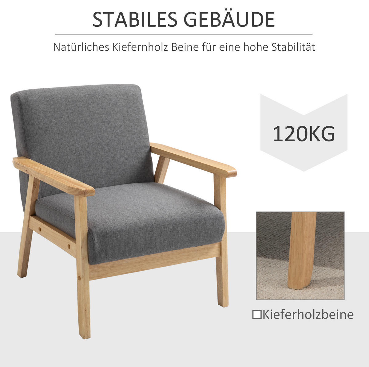 POLSTERSESSEL 64/70/72 cm in Grau mit Holzgestell und breiter Sitzfläche - Grau, Textil (70/72/64cm) - BEAOK
