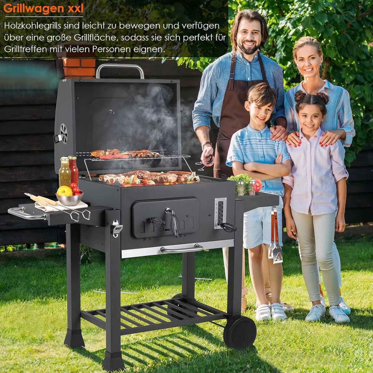 HOLZKOHLEGRILL XXL MIT ROLLEN UND SEITENTISCHEN - Schwarz, Metall (49/54cm)