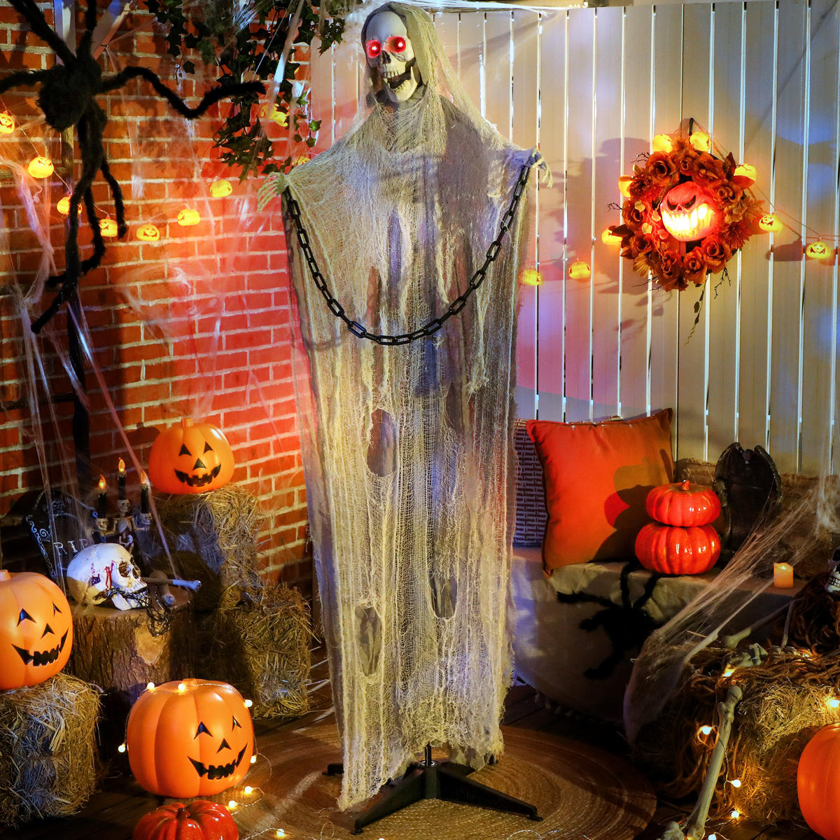 HALLOWEEN-DEKORATION Sensenmann 183 cm mit LED-Lichter, Soundfunktion - Grau, Textil (16/183/70cm) - Outsunny