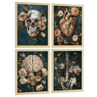 POSTER Set aus 4 Anatomie Drucke und Wandbilder mit Schädel Herz Gehirn Wirbelsäule Skelett Becken Klassisches Florales Design Größe Rahmenlos A3 - Klar, Papier (29.7/42/3cm) - Nacnic
