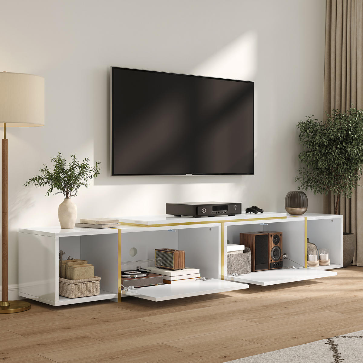 TV-LOWBOARD ausziehbar mit Hochglanzfront und Fächern - Weiß, Holzwerkstoff (275/37/35cm) - FLIEKS