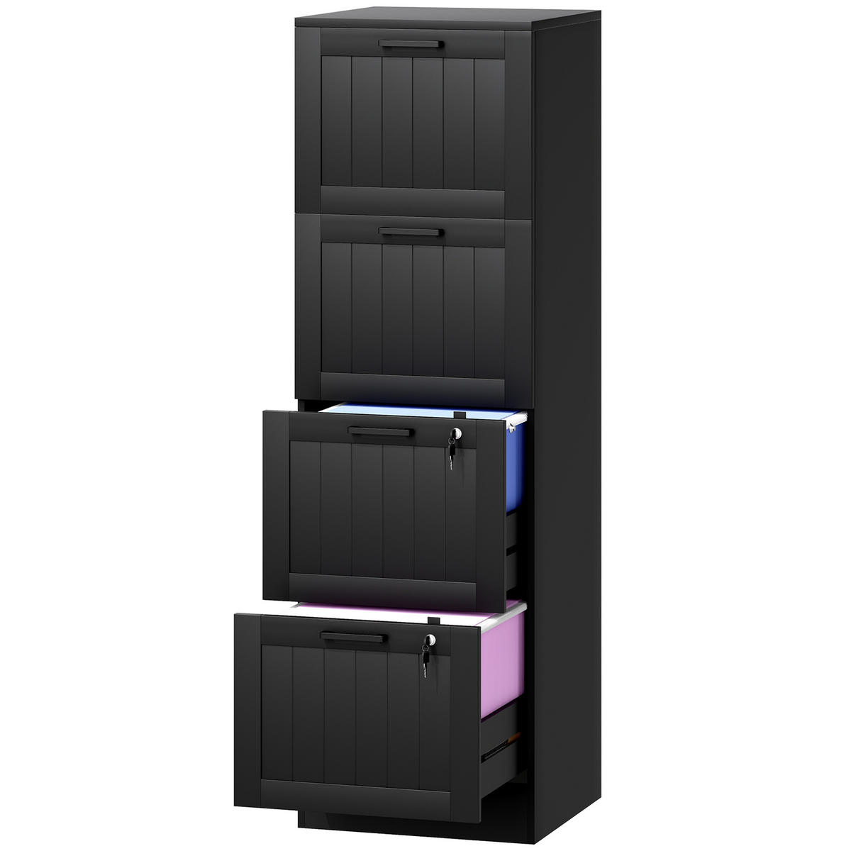 AKTENSCHRANK DE-14515 4 Schubladen abschließbar mit Hängeakten Schwarz - Schwarz, Holzwerkstoff (40/131/40cm) - ComfortXL
