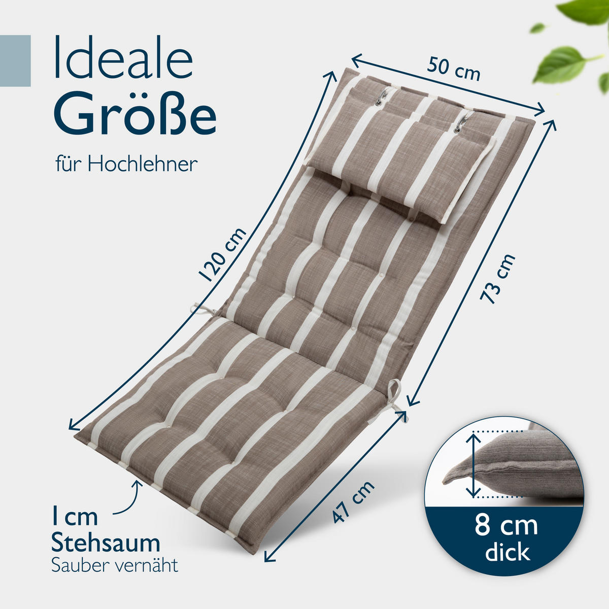 HOCHLEHNERAUFLAGE Sun-HL 119/50/8cm Beige-Weiß-Gestreift - Beige/Weiß, Textil (50/8/119cm) - Beautissu 