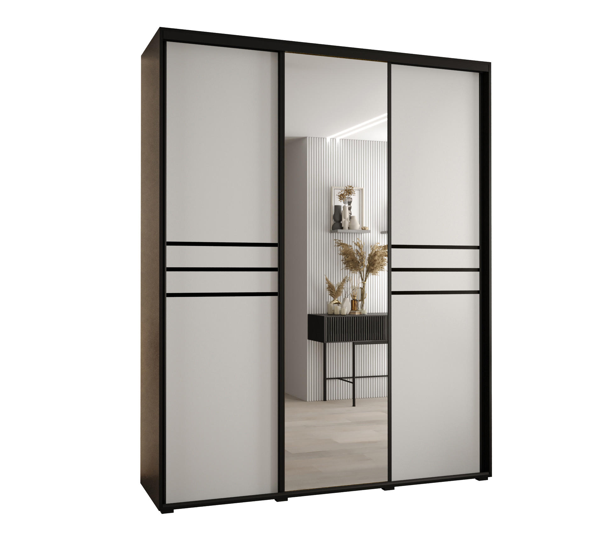 Abiks Möbel Schwebetürenschrank Schwarz, Weiß, Schwarz 200x235x45 cm