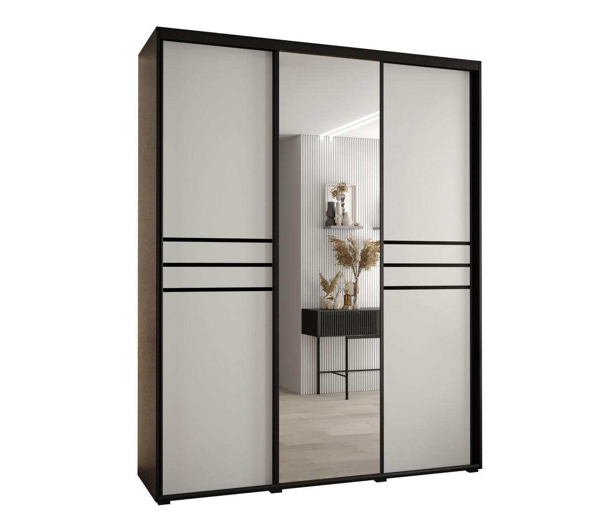 SCHWEBETÜRENSCHRANK 235,2/200/60 3-türig - Schwarz/Weiß, Holz/Metall (200/235/60cm) - Abiks Möbel