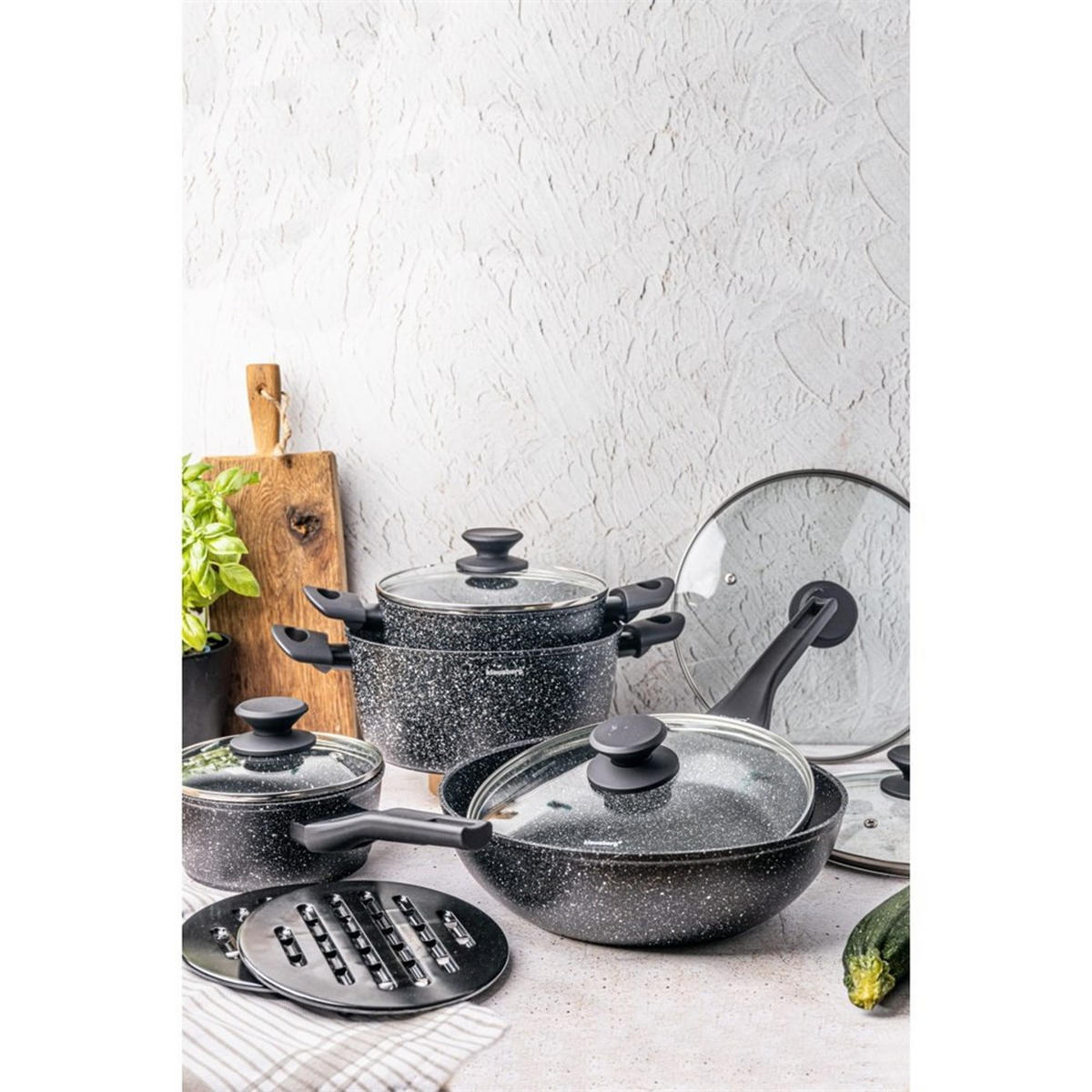 TOPFSET mit marmorierter Antihaftbeschichtung 12-teilig KB7657 - Schwarz, Metall - Klausberg 