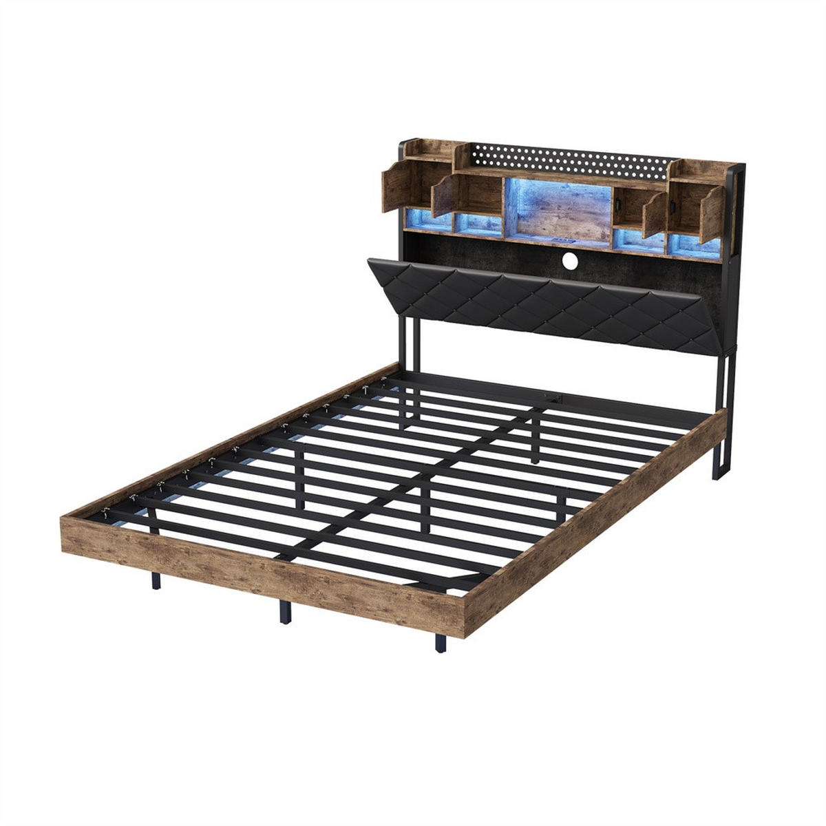 METALLBETT 140x200 cm mit Schwebender Optik - LED Beleuchtung - Kopfteil mit Stauraum und Ladestation - ohne Matratze - Schwarz, Metall (140/200cm) - DELFA