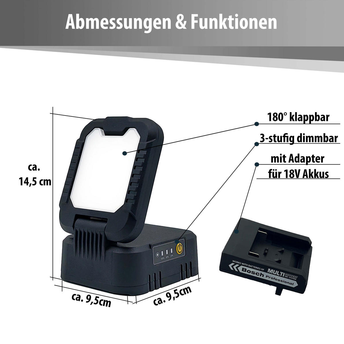 LED-ARBEITSLEUCHTE 180° klappbar 3-stufig dimmbar 1600lm für 18V Bosch Akkus - Schwarz, Kunststoff (10.4/8.6/13.8cm) - Northpoint