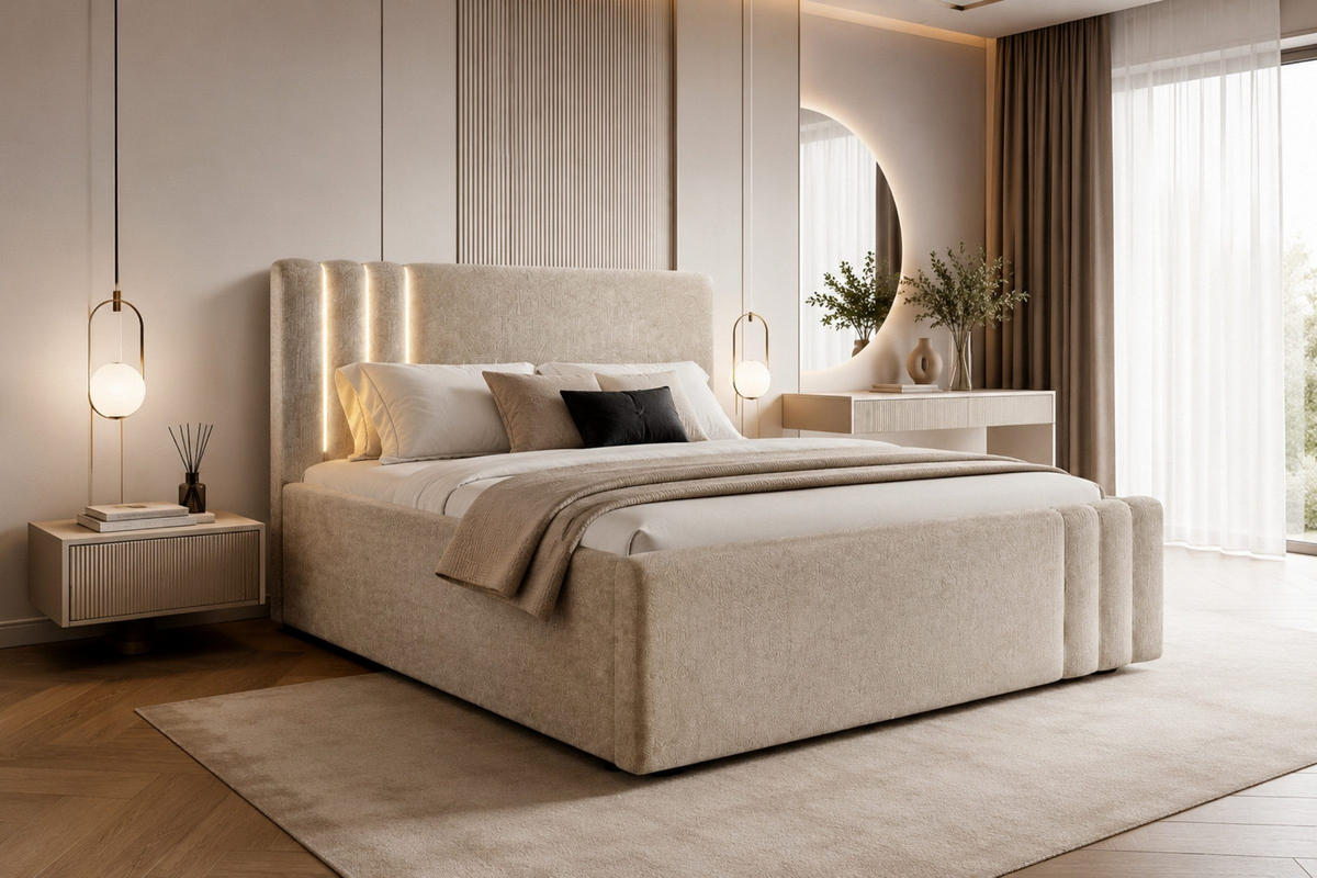 POLSTERBETT JASMIN 180/200 cm in Chenille Beige mit Bettkasten und LED - Beige, Holz/Holzwerkstoff (180/200cm) - Deine Möbel 24