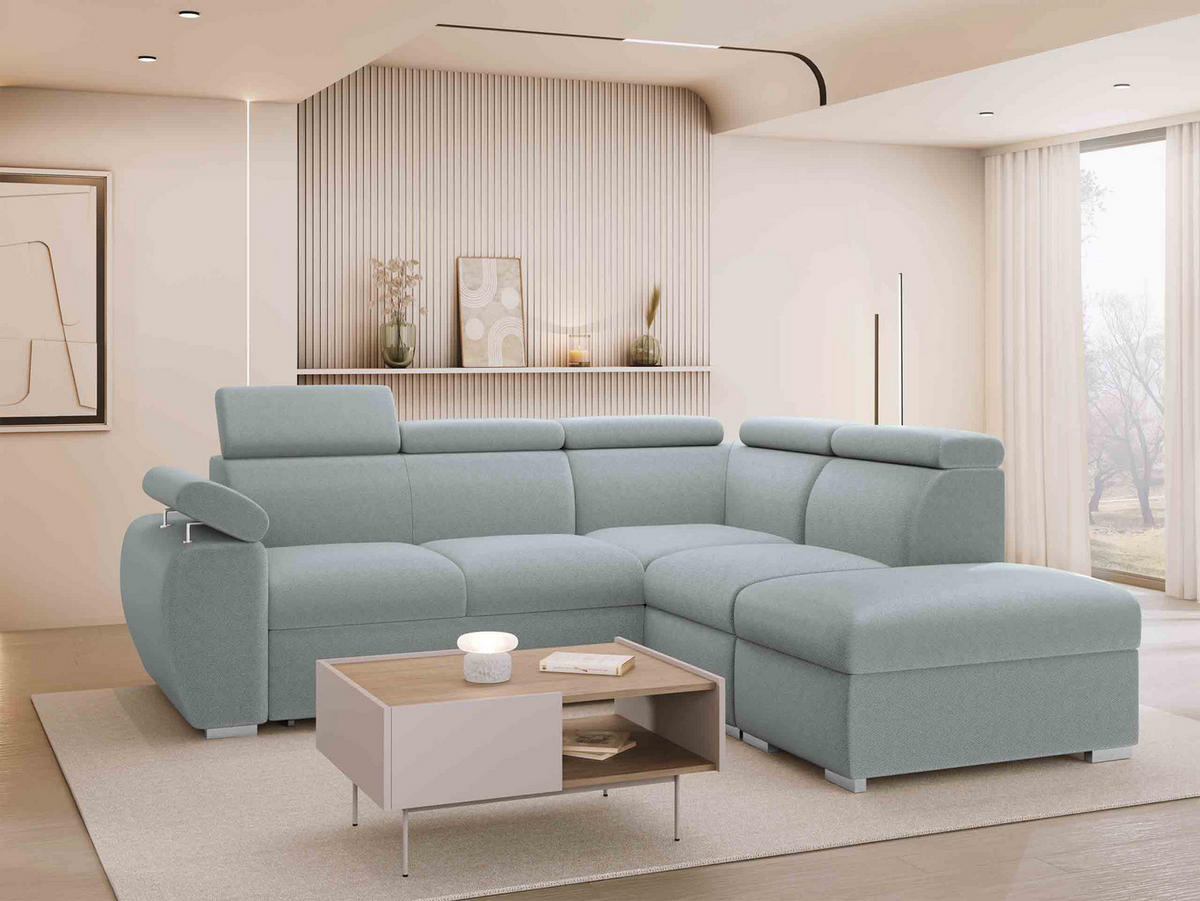 ECKSOFA Boston 2RR1P, Seite: Rechts 2R+R+1P(65)+PUFAP - Silberfarben/Hellgrau, Holz/Textil (260/230cm) - MIRJAN24