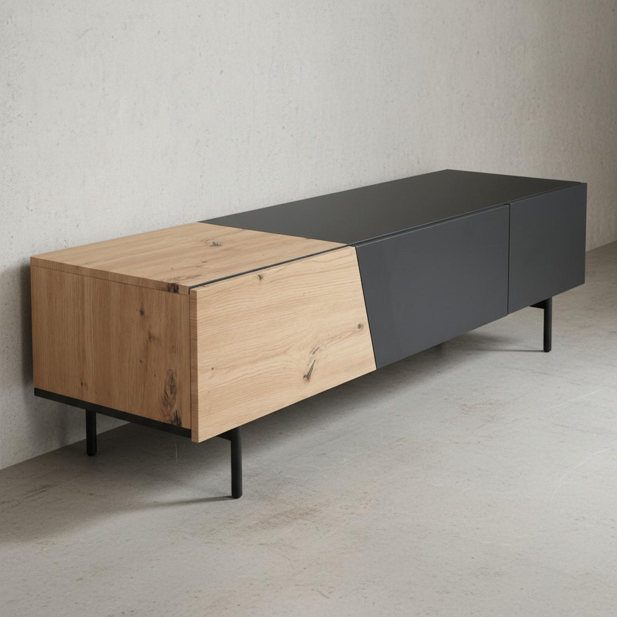 TV-LOWBOARD mit Eiche-Dekor, Türen und Schublade, modern, Braun-Schwarz 150x40x40 cm - Schwarz/Braun, Holzwerkstoff/Metall (150/40/40cm) - KADIMA DESIGN