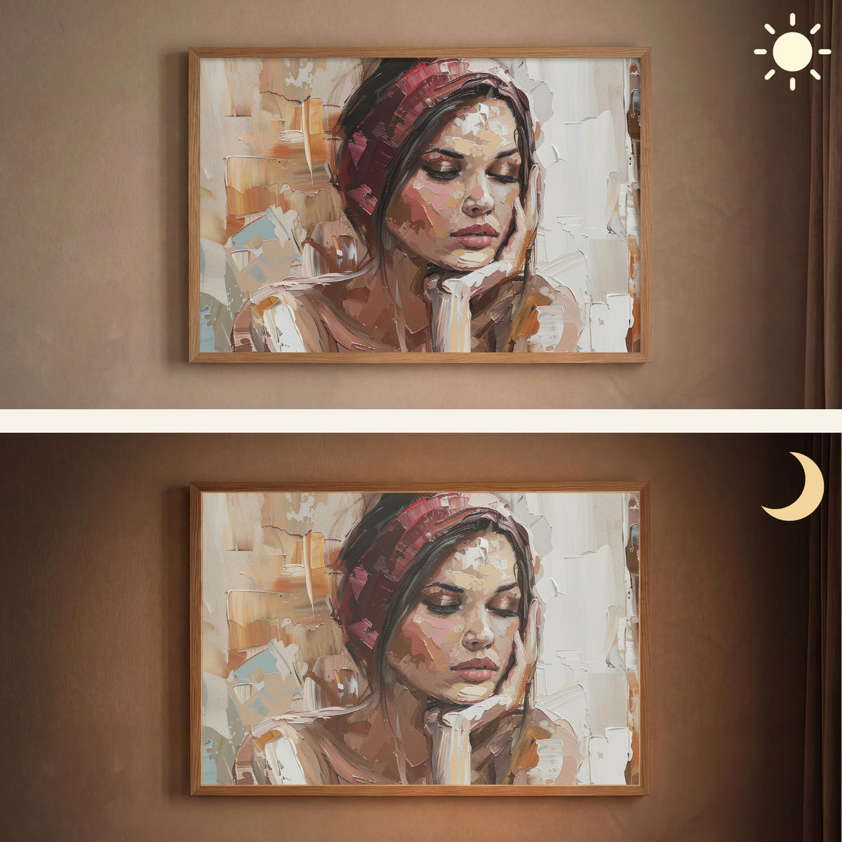 NÁSTĚNNÁ LAMPA S AKUMULÁTOREM Žena - vzhled malby - portrét - moderní 100x70 cm - hnědá, kompozitní dřevo (100/70/8cm) - OnlyWow