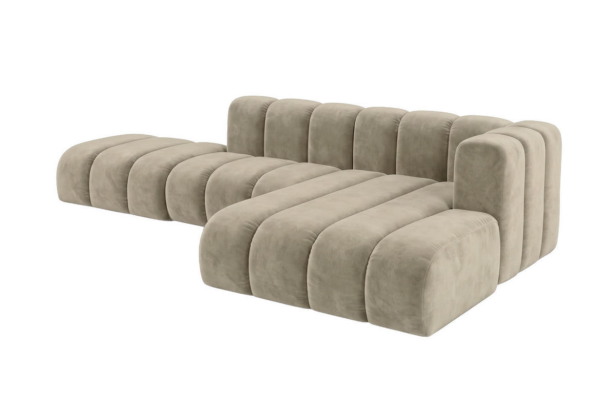 ECKSOFA Modulares In L-Form Mit Hocker, Velvet-Stoff Riviera, Beige, Rechts, GRAND Mini - Beige, Holz (295/179cm) - Kaiser Möbel