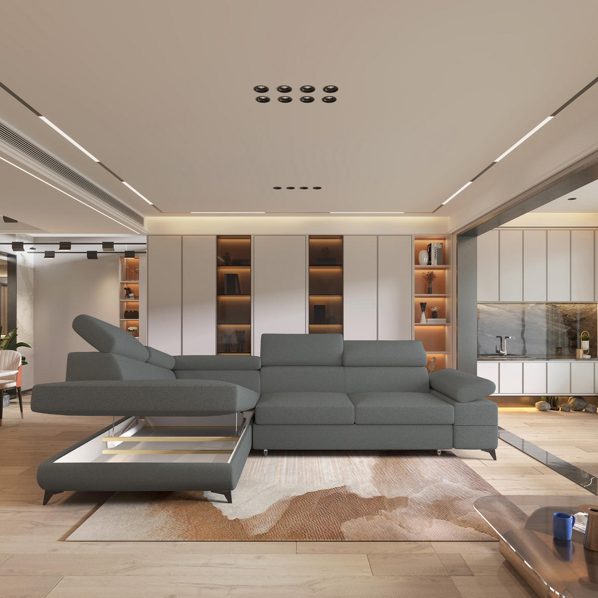 ECKSOFA FAVIEN L-S Grau Boucle-Stoff mit Schlaffunktion - Grau, Holz (257/190cm) - MASSENO