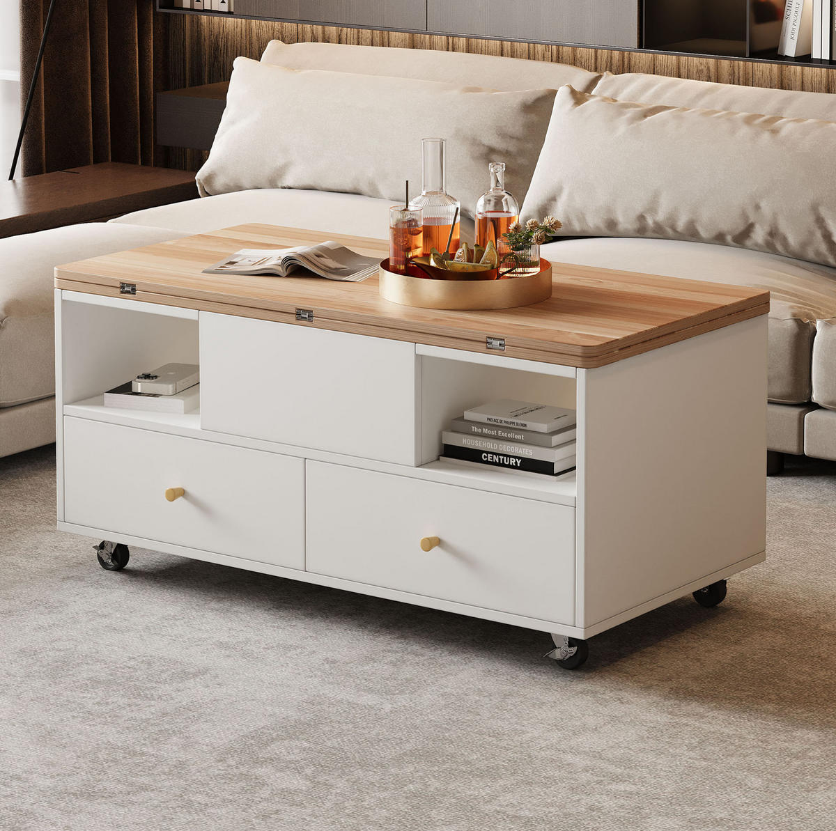 COUCHTISCH höhenverstellbar mit 4 Schubladen 100 x 50 cm MDF Holzfarbe Weiß - Braun, Wellpappe (100/50/47.5cm) - Meubliv
