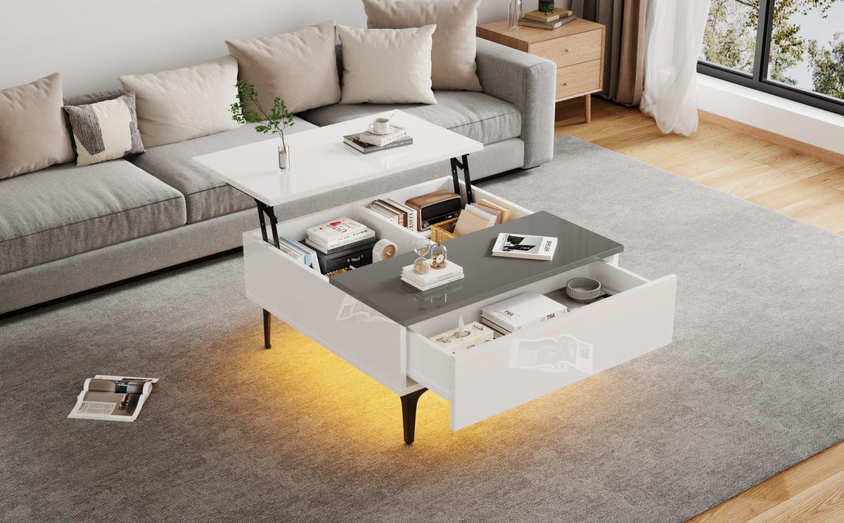 COUCHTISCH 70/70/35 cm weiß/grau aus MDF mit LED und Stauraum - Weiß, Holzwerkstoff (70/70/35cm) - OKMYHOME