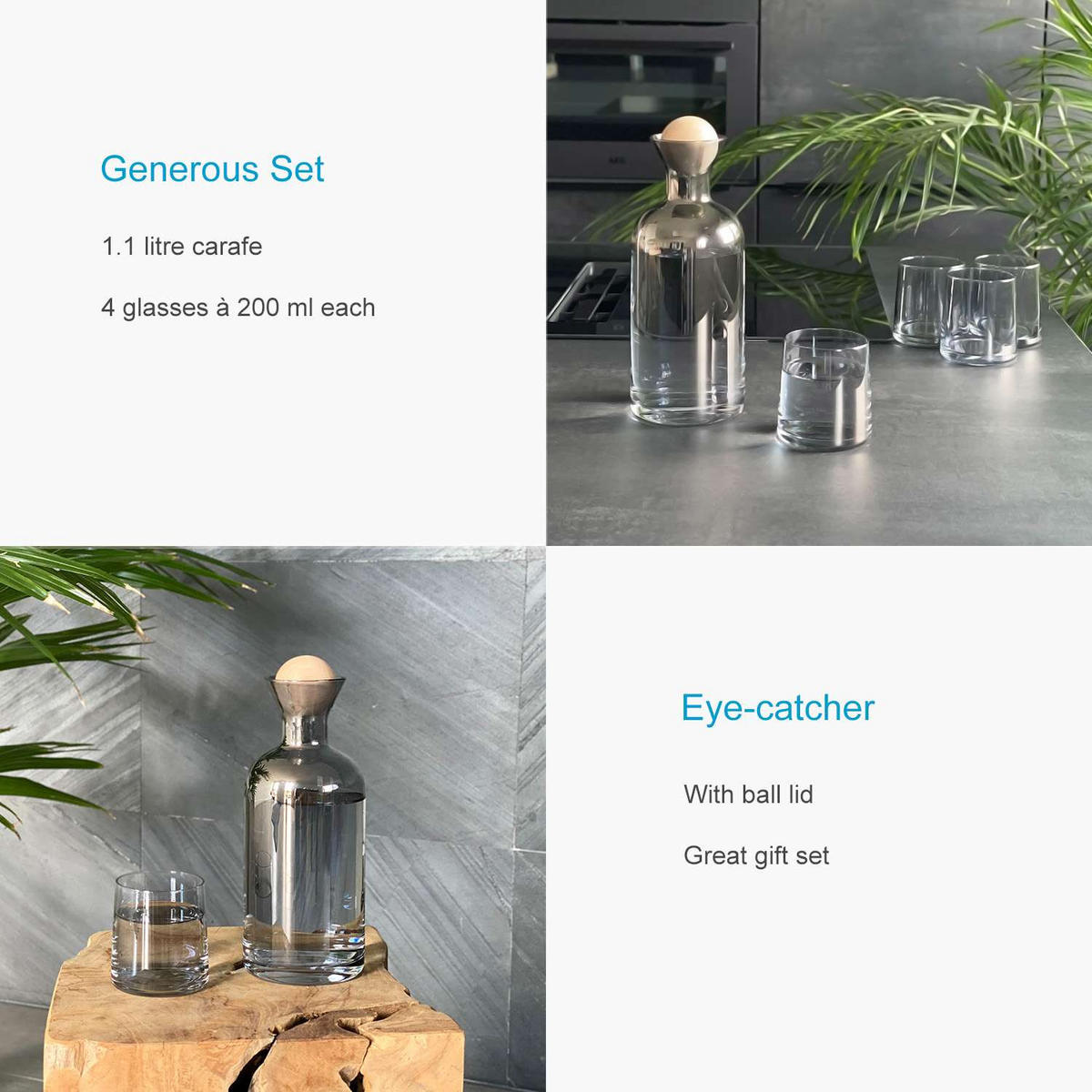 KARAFFE mit 4 Gläsern Set aus Glas mit Regenbogen Schimmer - Transparent, Glas (1.1L) - Intirilife