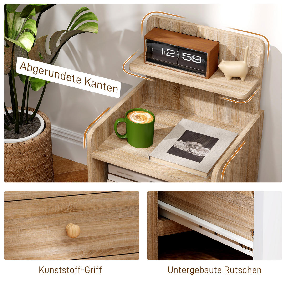 NACHTTISCH mit Schublade, 40 x 35 x 66 cm, Naturholz - Naturfarben, Holzwerkstoff (40/66/35cm) - HOMCOM