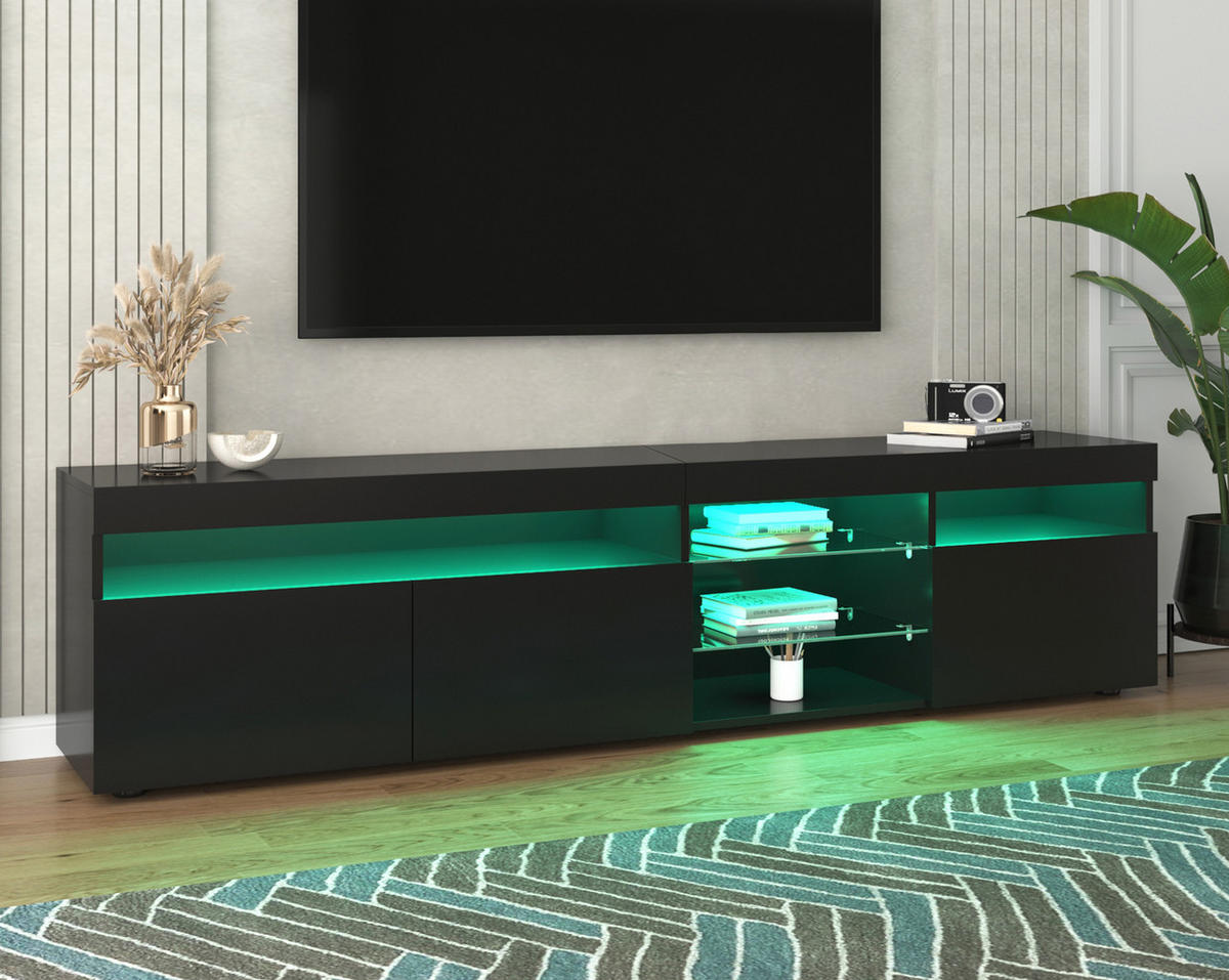 TV-SCHRANK 180/35/48 cm schwarz MDF mit variabler LED-Beleuchtung und Glaslaminat - Schwarz, Holzwerkstoff (180/48/35cm) - OKWISH