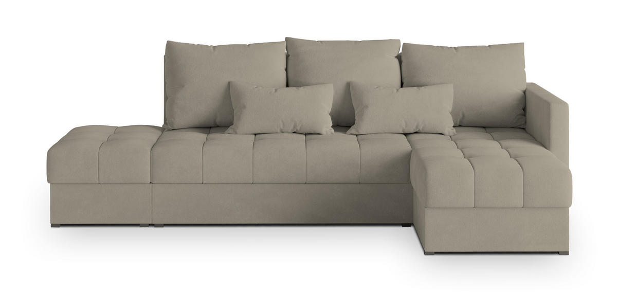 ECKSOFA LUMARI R-S Beige Plüsch-Stoff mit Schlaffunktion - Beige, Holz (262/143cm) - MASSENO