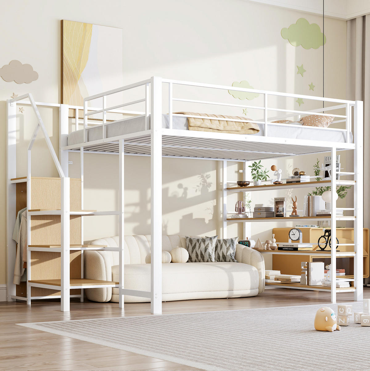 VYSOKÁ posteľ 140/200 cm biela z kovu s úložnými schodmi a malou skriňou - biela, kompozitné drevo (140/200cm) - OKWISH