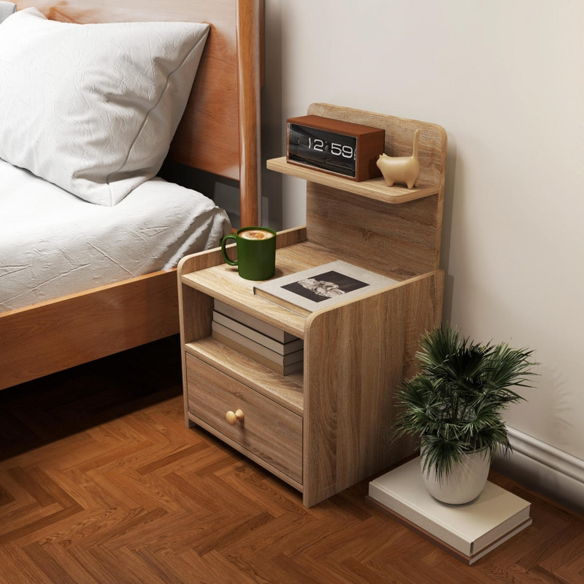 NACHTTISCH aus melaminbeschichteter Spanplatte 35x40x66 cm Naturholz mit Schublade und Fach, kippsicher - Nussbaumfarben, Holzwerkstoff (40/66/35cm) - Modfu