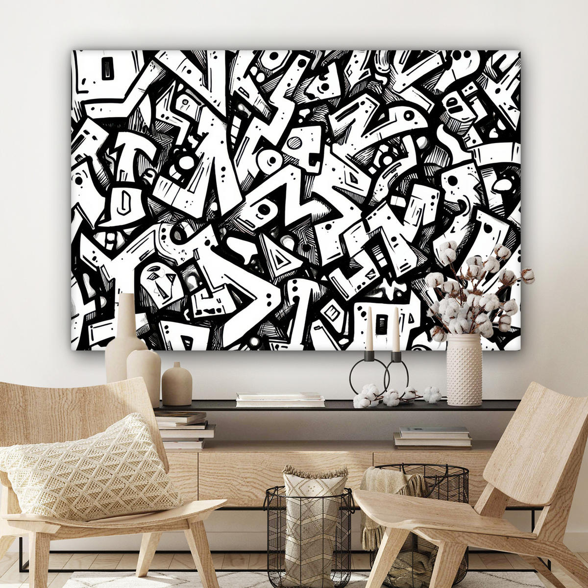 LEINWANDBILD Formen - Buchstaben - Graffiti - Schwarz Groß 140x90 cm - Schwarz, Textil (140/90cm) - MuchoWow