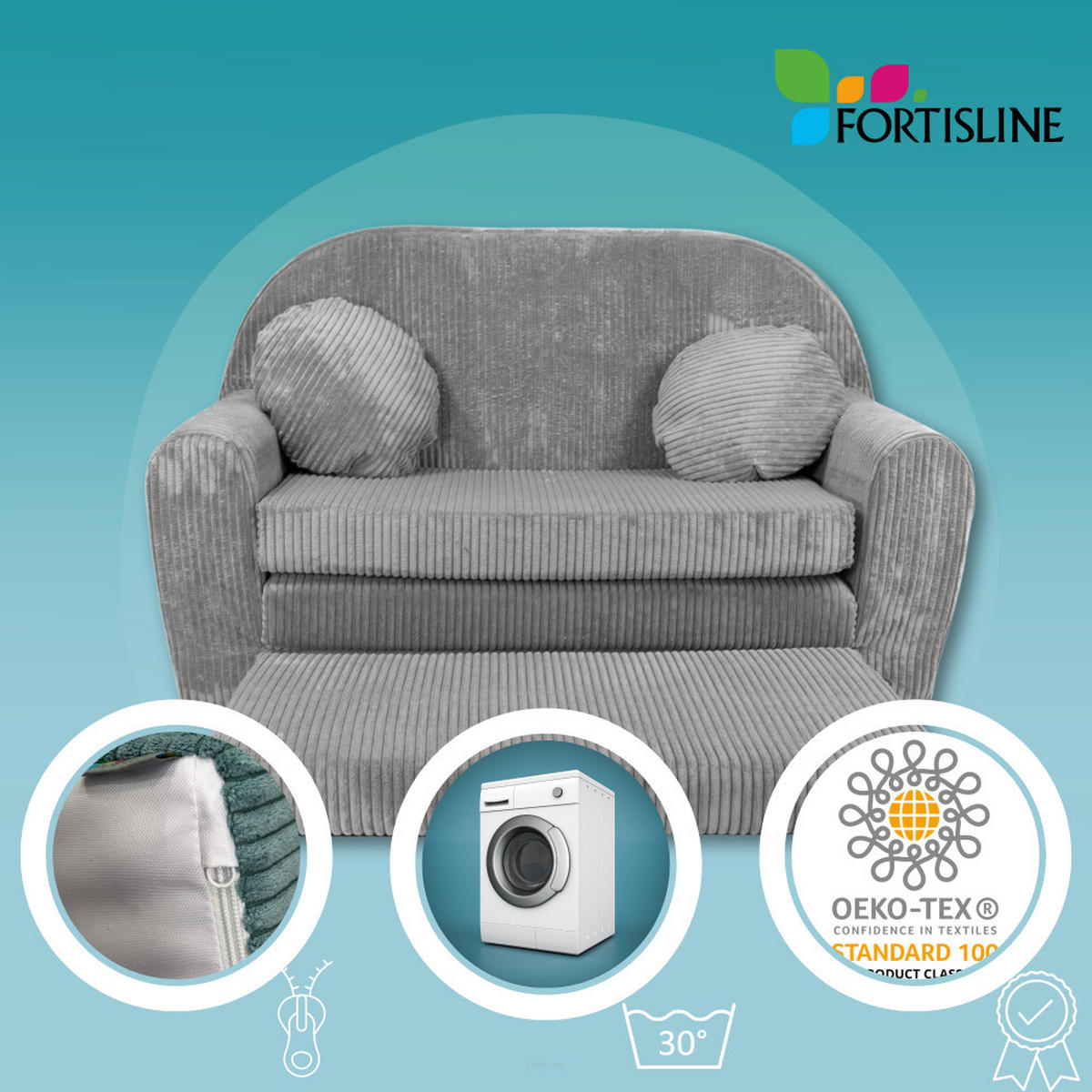 KINDERSOFA MIT VERLÄNGERUNG aus Kuschel-Cord in Türkis - Türkis, Textil (100/60/50cm) - Fortisline
