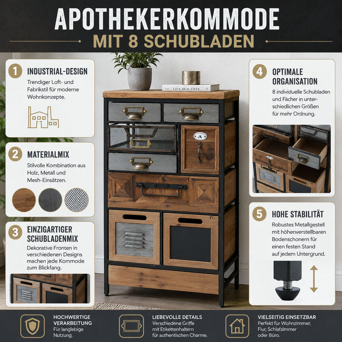 APOTHEKERKOMMODE Multicolor - Multicolor, Holz (45/85/35cm) - MCW