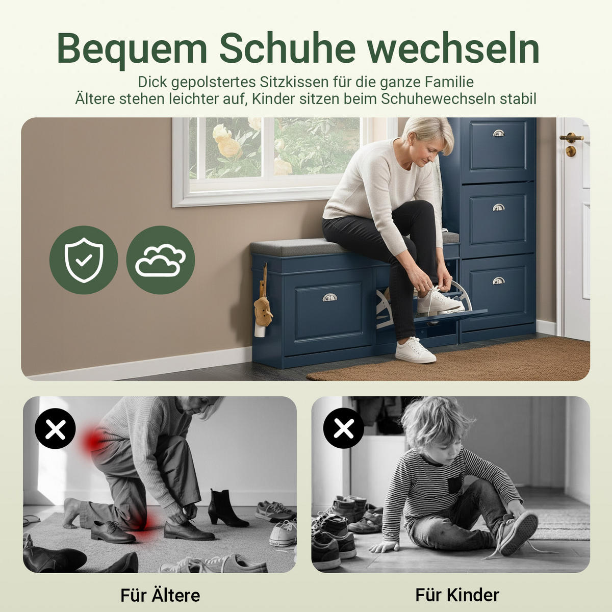 SCHUHBANK, nur 24 cm tief, Blau, 104x52x24cm, 2 Klappen für 8 Paar, Schublade und Haken, für Flur & Diele - Blau, Holzwerkstoff (104/52/24cm) - SoBuy