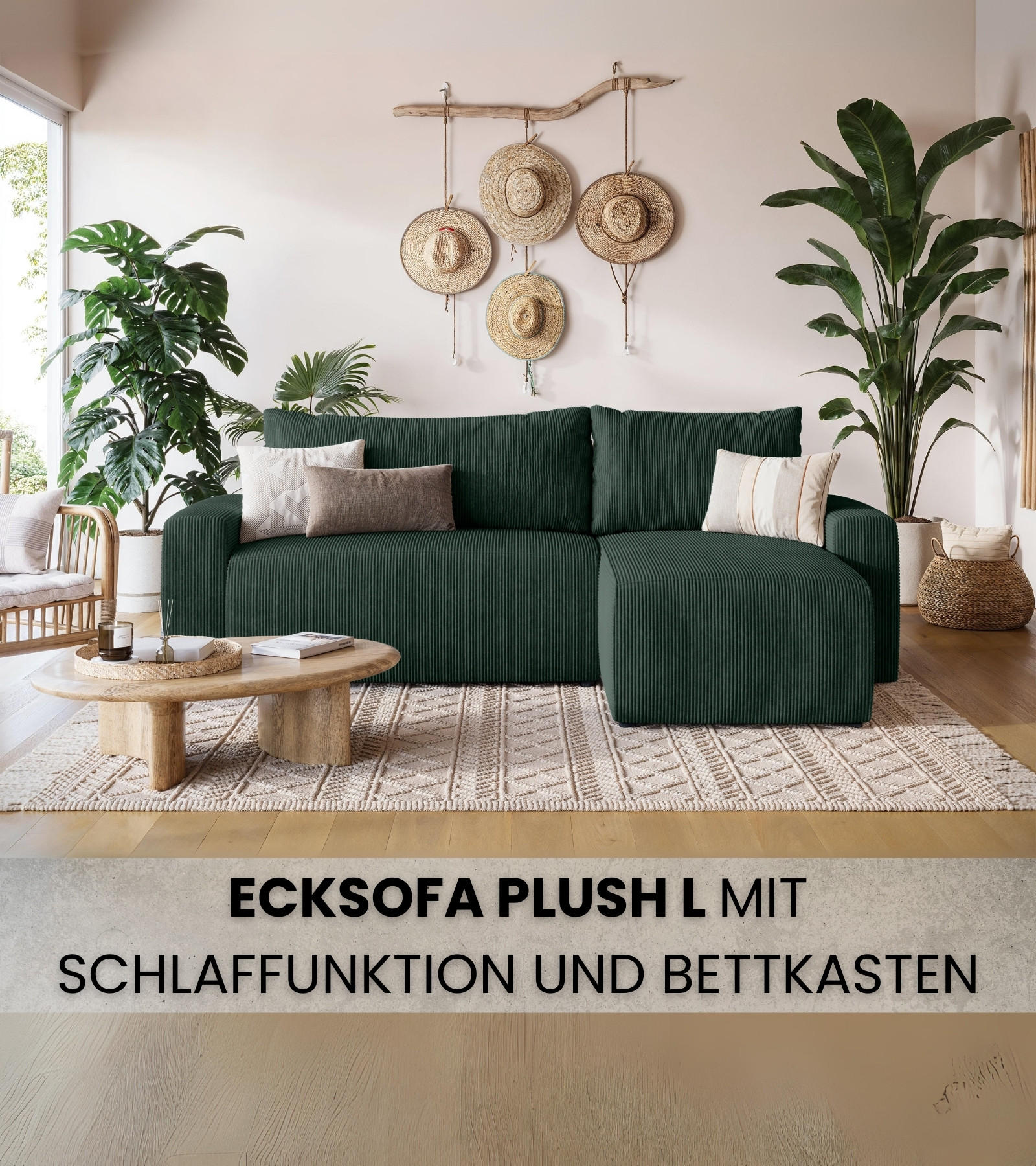ECKSOFA PLUSH mit Schlaffunktion Grün Cord - Grün, Textil (240/145cm) - Bromarkt