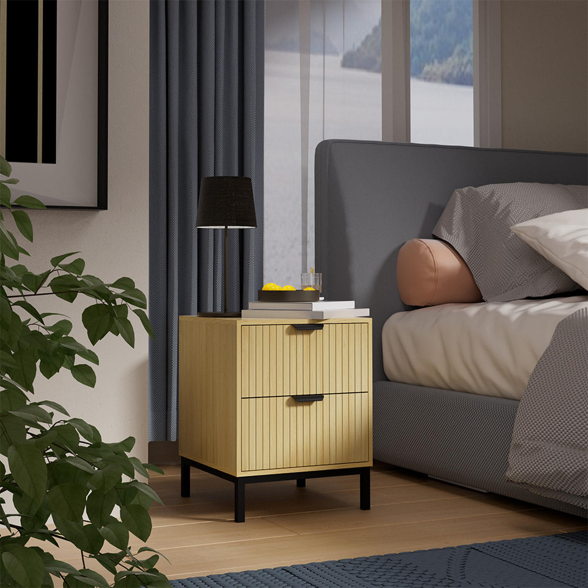 NACHTTISCH Lennox Eiche 40 x 52 cm mit 2 Schubladen - Eichefarben/Schwarz, Holzwerkstoff (40/52/40cm) - Vicco