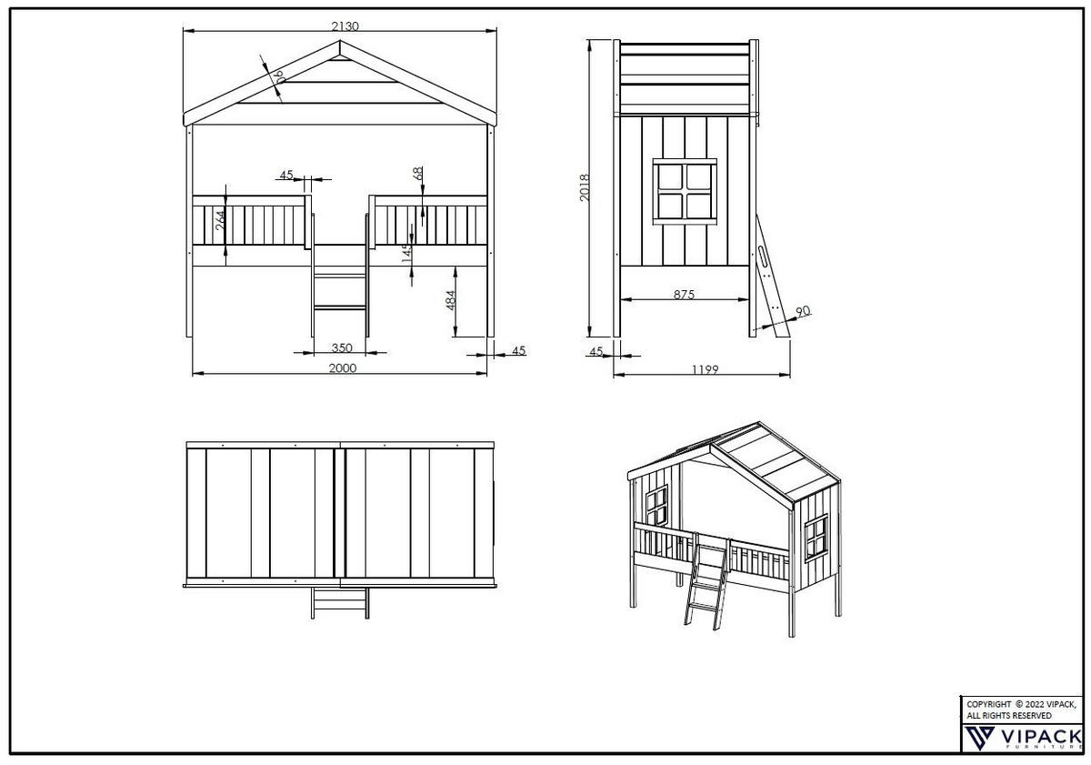 HAUSBETT mit Leiter Katine 213x202x120 aus Massivholz+MDF in Weiß - Weiß, Holz (90/200cm) - 58aufmkessel