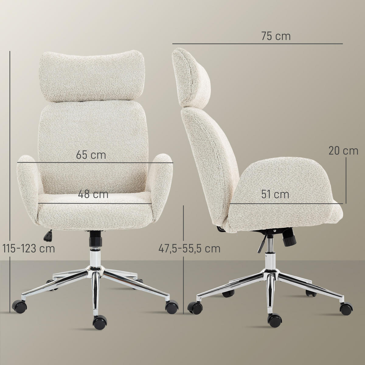 SCHREIBTISCHSTUHL Höhenverstellbar Homeoffice Stuhl mit Armlehne, Grauweiß - Silberfarben/Hellgrau, Textil/Metall (65/123/75cm) - HOMCOM