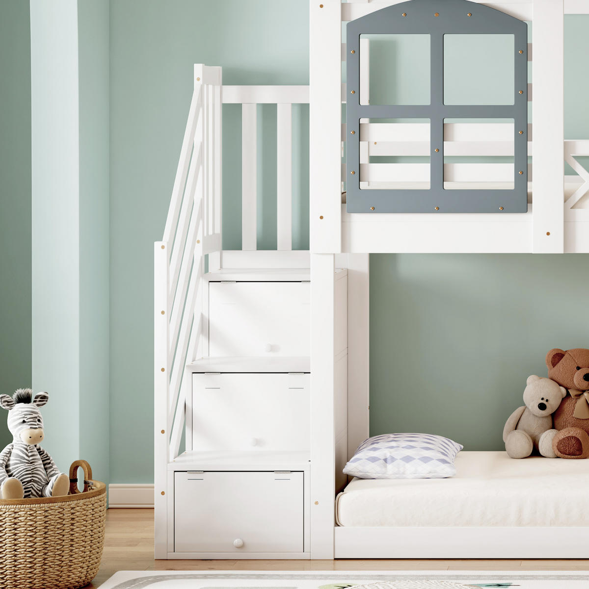 ETAGENBETT 90/200 cm mit Dach, Fenstern, Stauraumtreppe und Fallschutz, Kiefer/MDF, Weiß/Grau - Weiß, Holzwerkstoff (90/200cm) - Redom