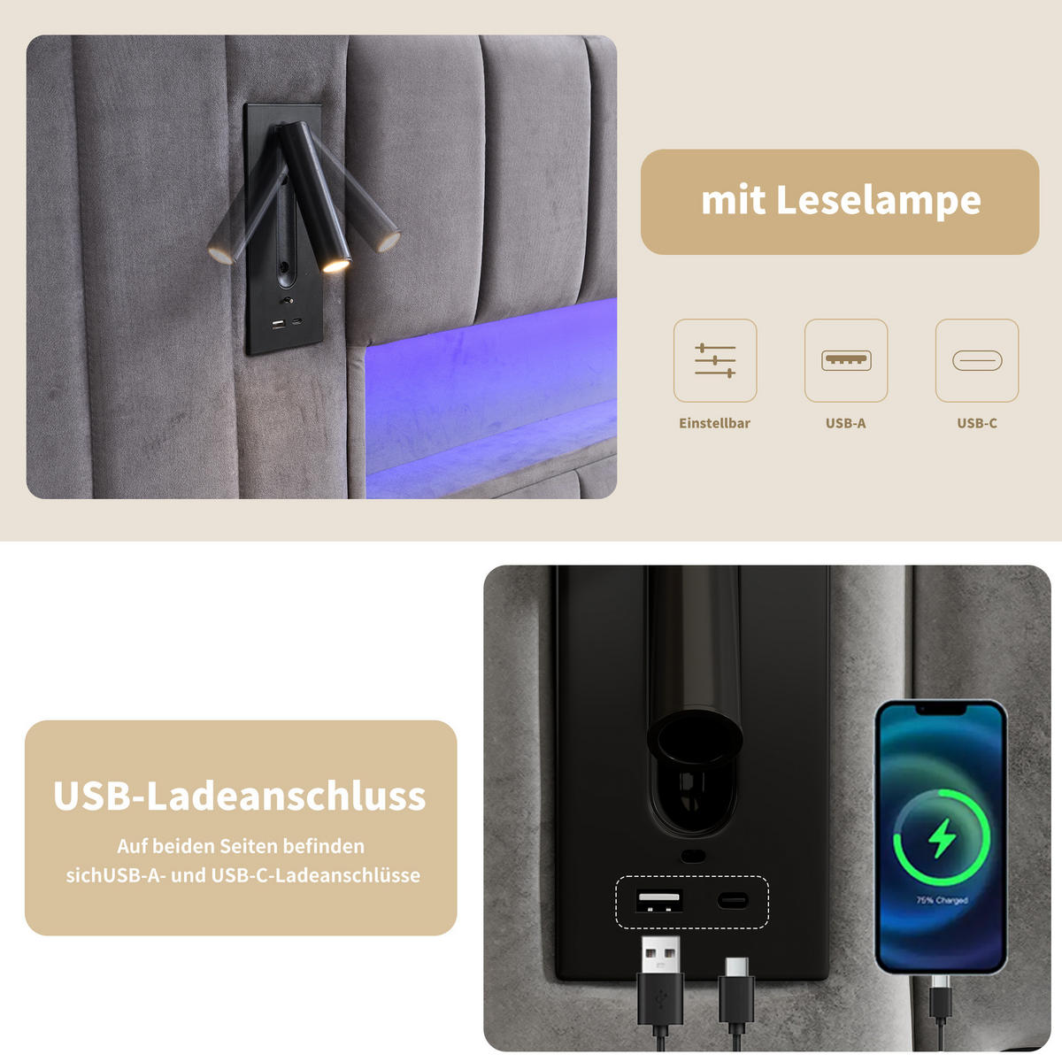 POLSTERBETT 180/200 cm Grau aus Samt mit Stauraum, LED-Beleuchtung und USB - Grau, Textil (180/200cm) - Flora Grace
