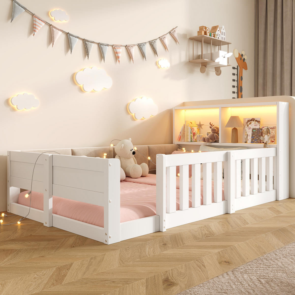 FLACHBETT 90x200cm Gitter Kinderbett LED Weiß - Weiß, Holzwerkstoff (90/200cm) - FLIEKS