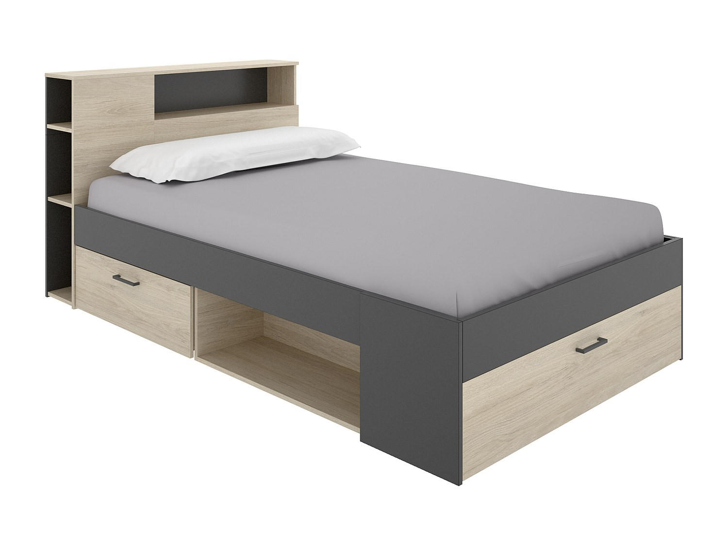 BETT mit Kopfteil, Stauraum & Schubladen - 120 x 190 cm - Holzfarben & Anthrazit - LEANDRE - Anthrazit, Holz (129.6/217.3cm) - Vente-Unique