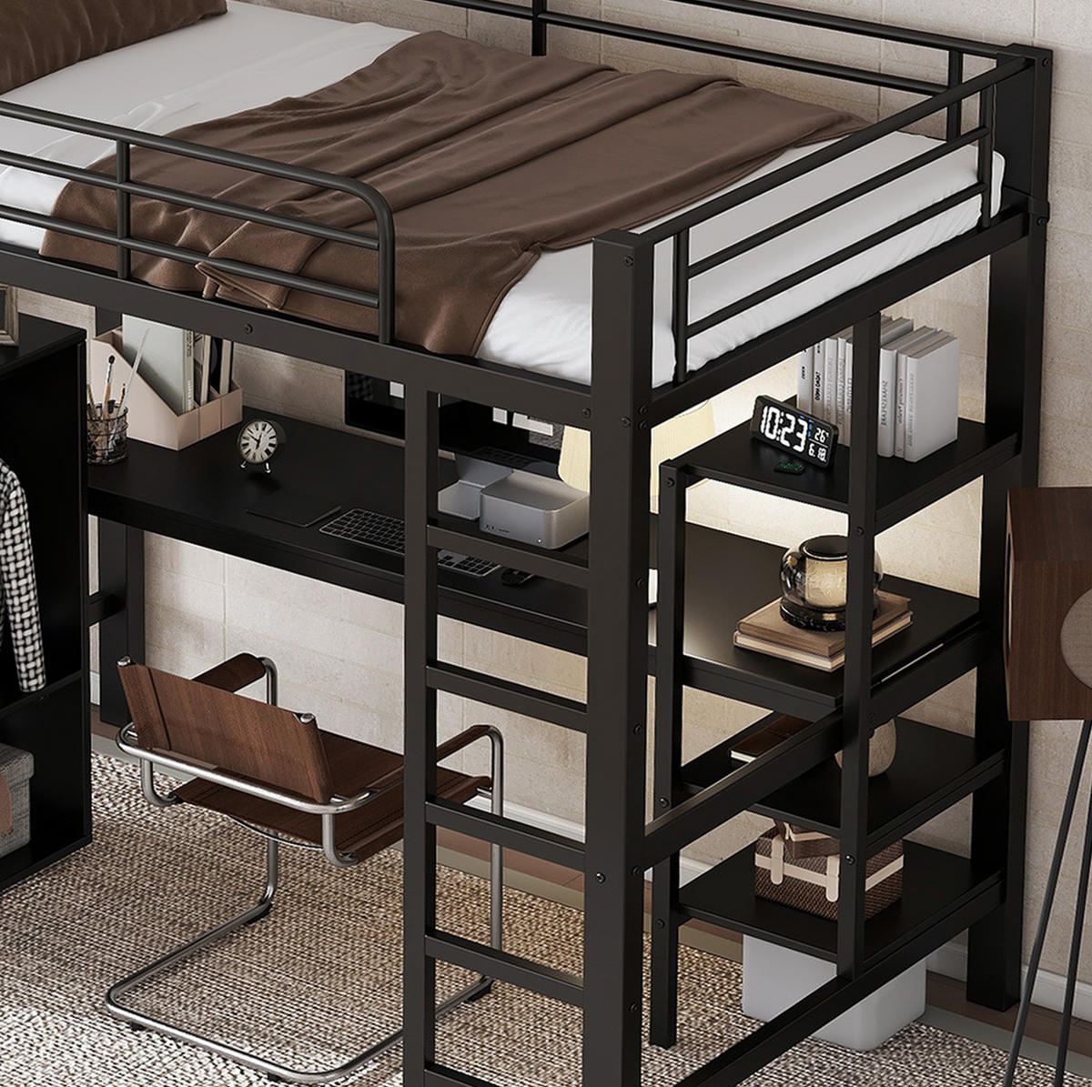 HOCHBETT 90/200 cm aus Metall mit Schreibtisch und Kleiderschrank in Schwarz - Schwarz, Metall (90/200cm) - Flora Grace